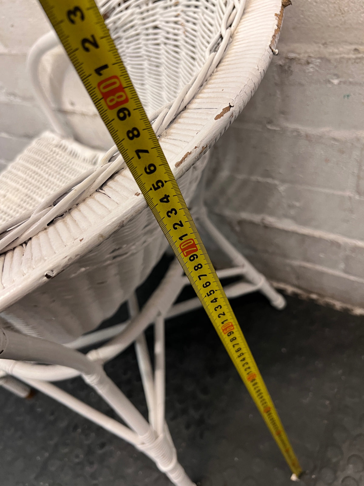 White Woven Wicker Armchair — Wicker Back Coming Undone – height measurement