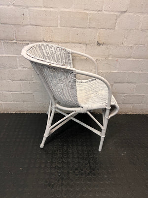 White Woven Wicker Armchair — Wicker Back Coming Undone – side view