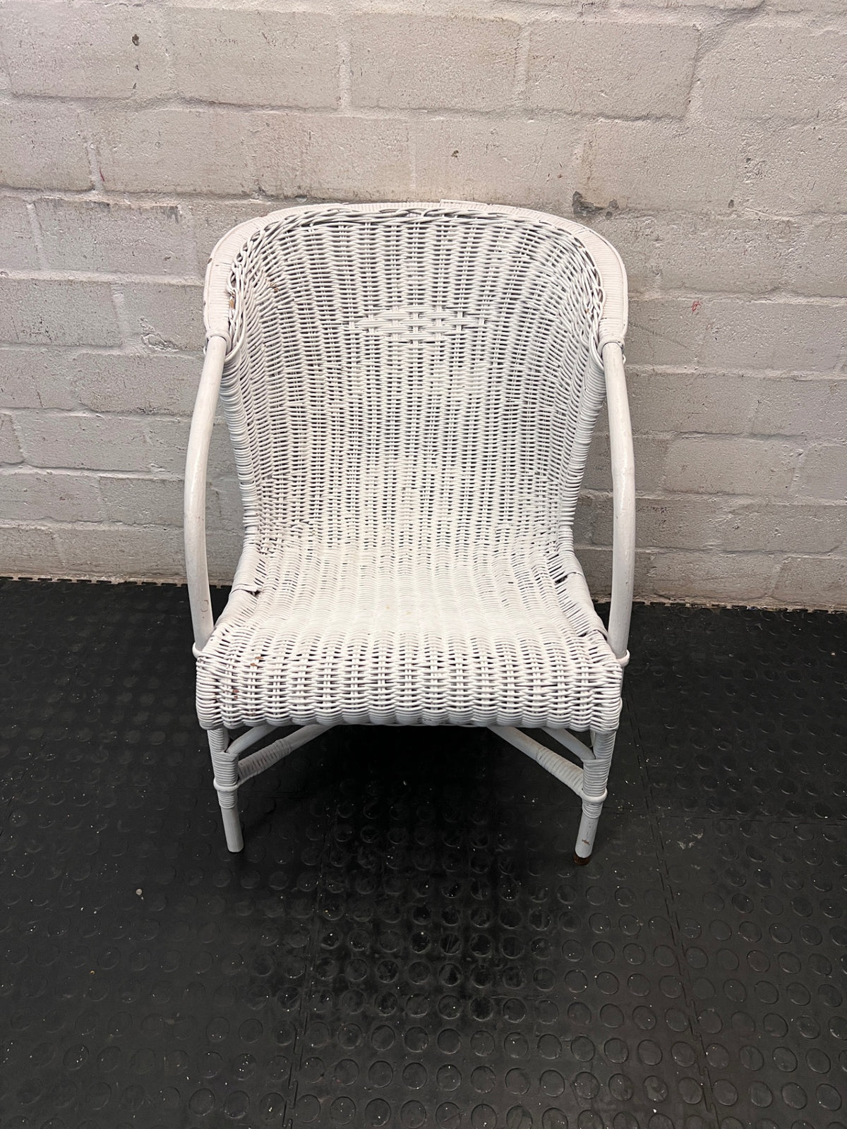White Woven Wicker Armchair — Wicker Back Coming Undone – top view