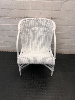 White Woven Wicker Armchair — Wicker Back Coming Undone – top view