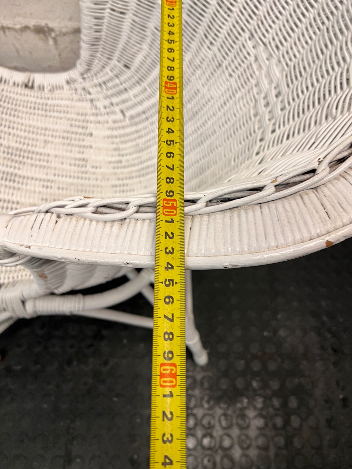 White Woven Wicker Armchair — Wicker Back Coming Undone – width measurement