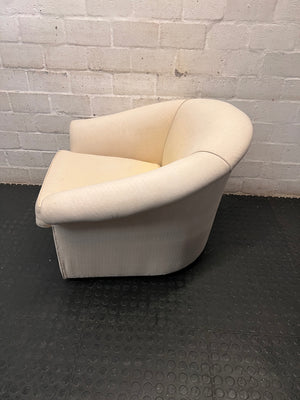 Cream Fabric Tub Chair with Scrolled Arms — Unstable Feet on One Chair; Well Used Condition – condition detail