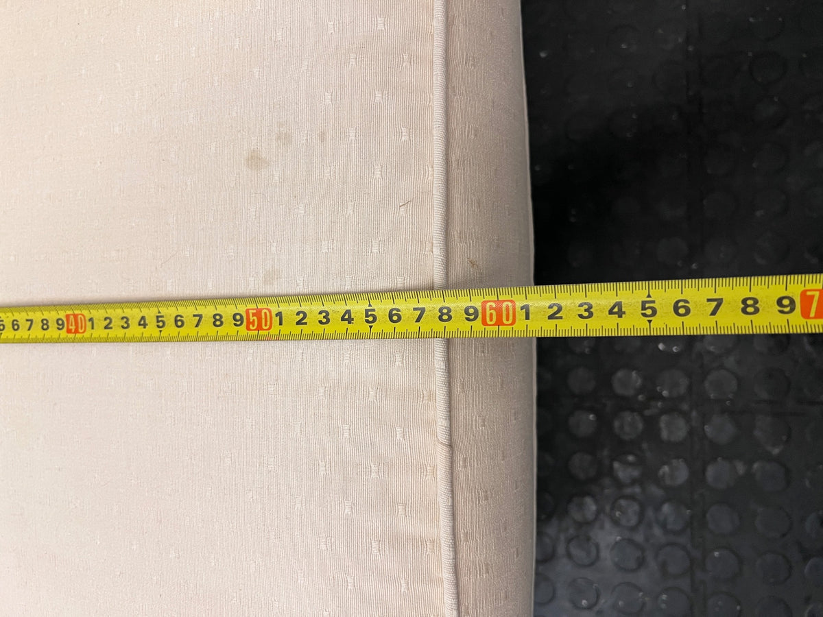 Cream Fabric Tub Chair with Scrolled Arms — Unstable Feet on One Chair; Well Used Condition – depth measurement