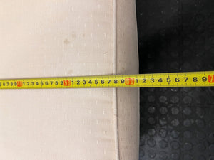 Cream Fabric Tub Chair with Scrolled Arms — Unstable Feet on One Chair; Well Used Condition – depth measurement