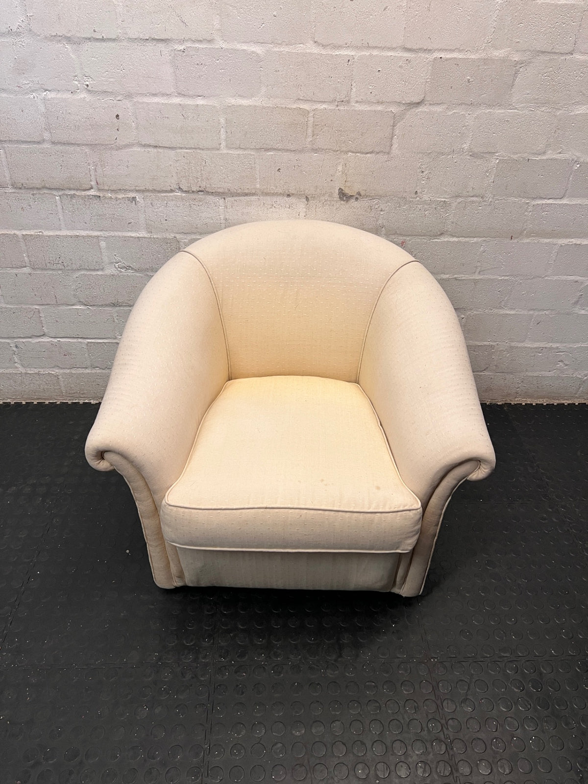 Cream Fabric Tub Chair with Scrolled Arms — Unstable Feet on One Chair; Well Used Condition – main front view