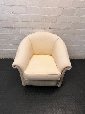 Cream Fabric Tub Chair with Scrolled Arms — Unstable Feet on One Chair; Well Used Condition – main front view