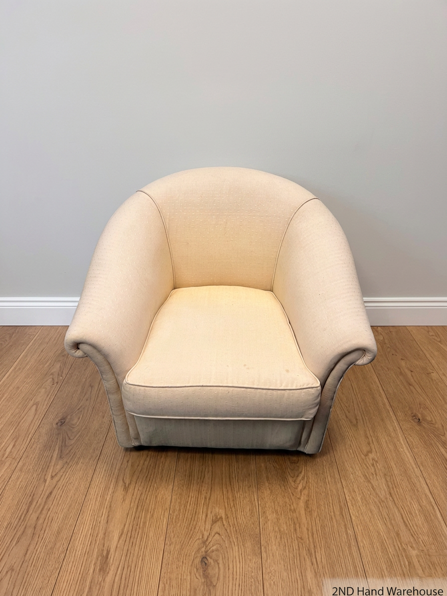 Cream Fabric Tub Chair with Scrolled Arms — Unstable Feet on One Chair; Well Used Condition – styled product image