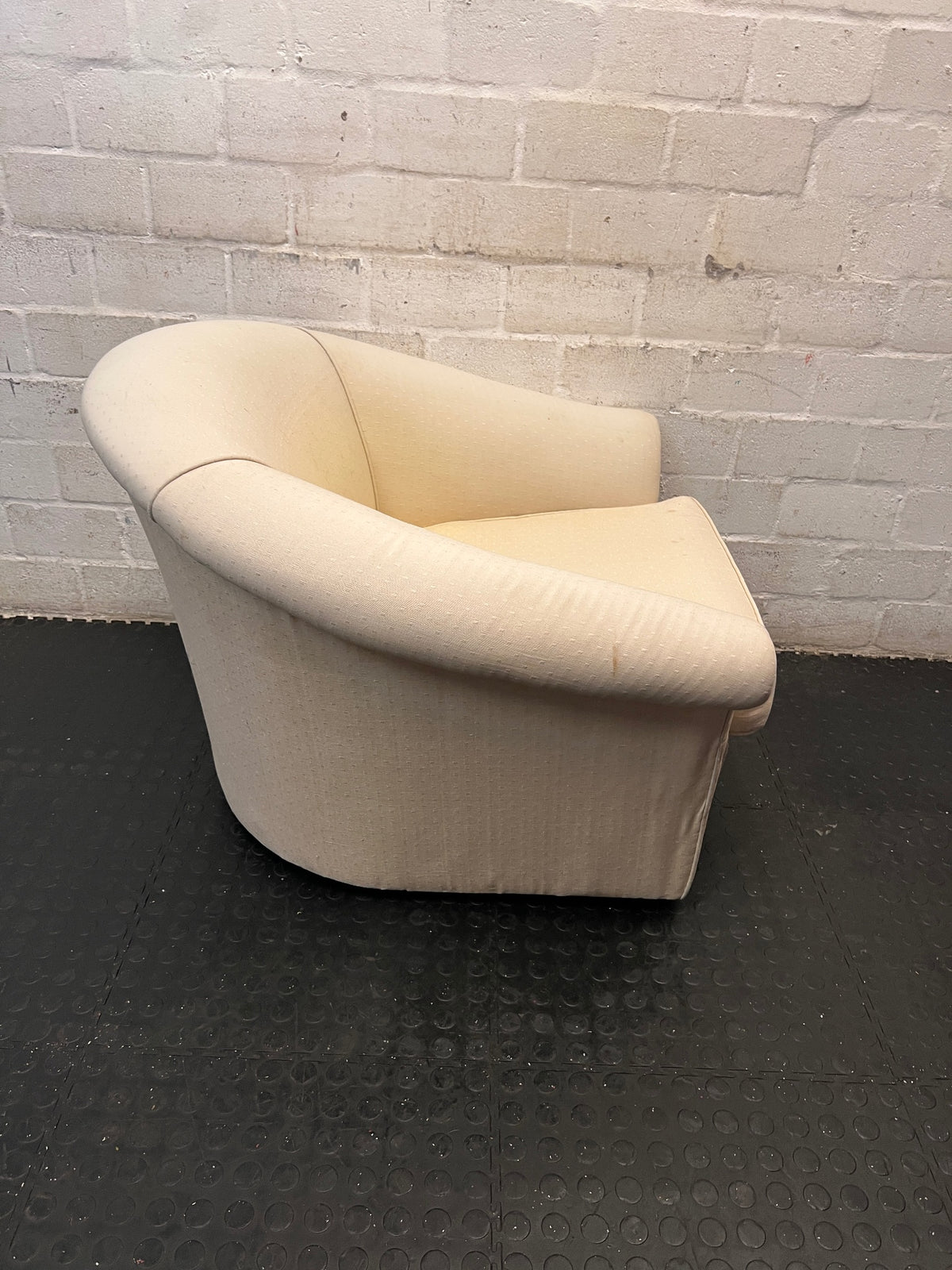 Cream Fabric Tub Chair with Scrolled Arms — Unstable Feet on One Chair; Well Used Condition – top view
