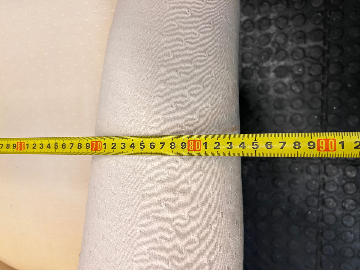 Cream Fabric Tub Chair with Scrolled Arms — Unstable Feet on One Chair; Well Used Condition – width measurement