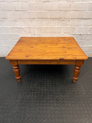 Rustic Wooden Coffee Table with Turned Legs — Surface Scratches and Water Stain on Top – condition detail