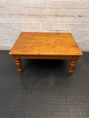 Rustic Wooden Coffee Table with Turned Legs — Surface Scratches and Water Stain on Top – main front view