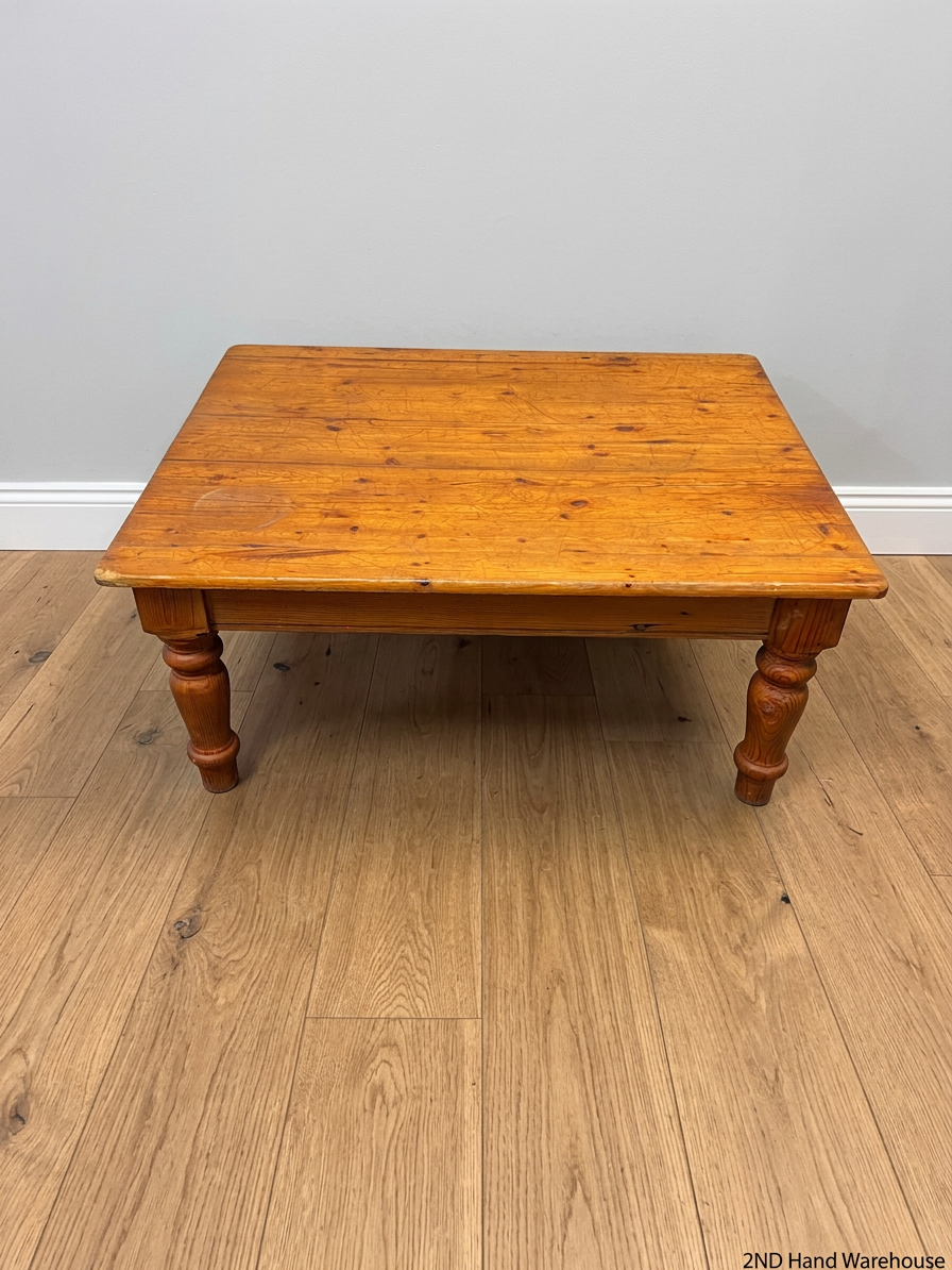 Rustic Wooden Coffee Table with Turned Legs — Surface Scratches and Water Stain on Top – styled product image