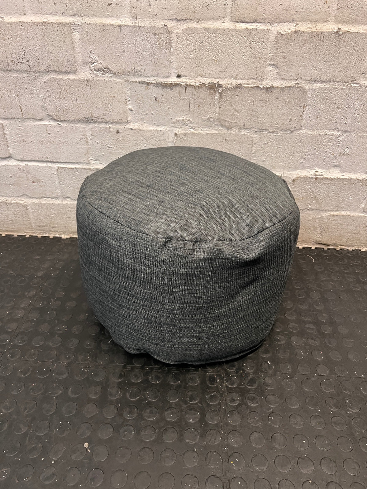 Textured Grey Round Puffed Ottoman — Clean Condition – main front view