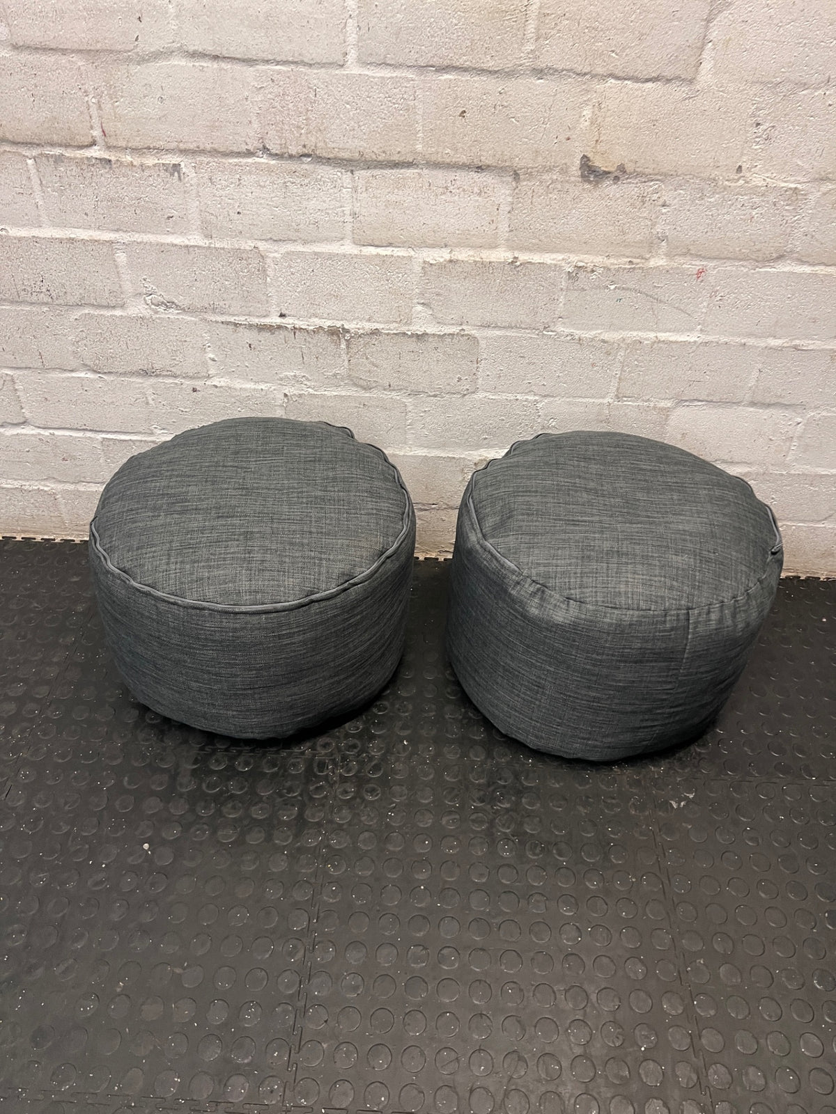 Textured Grey Round Puffed Ottoman — Clean Condition – side view