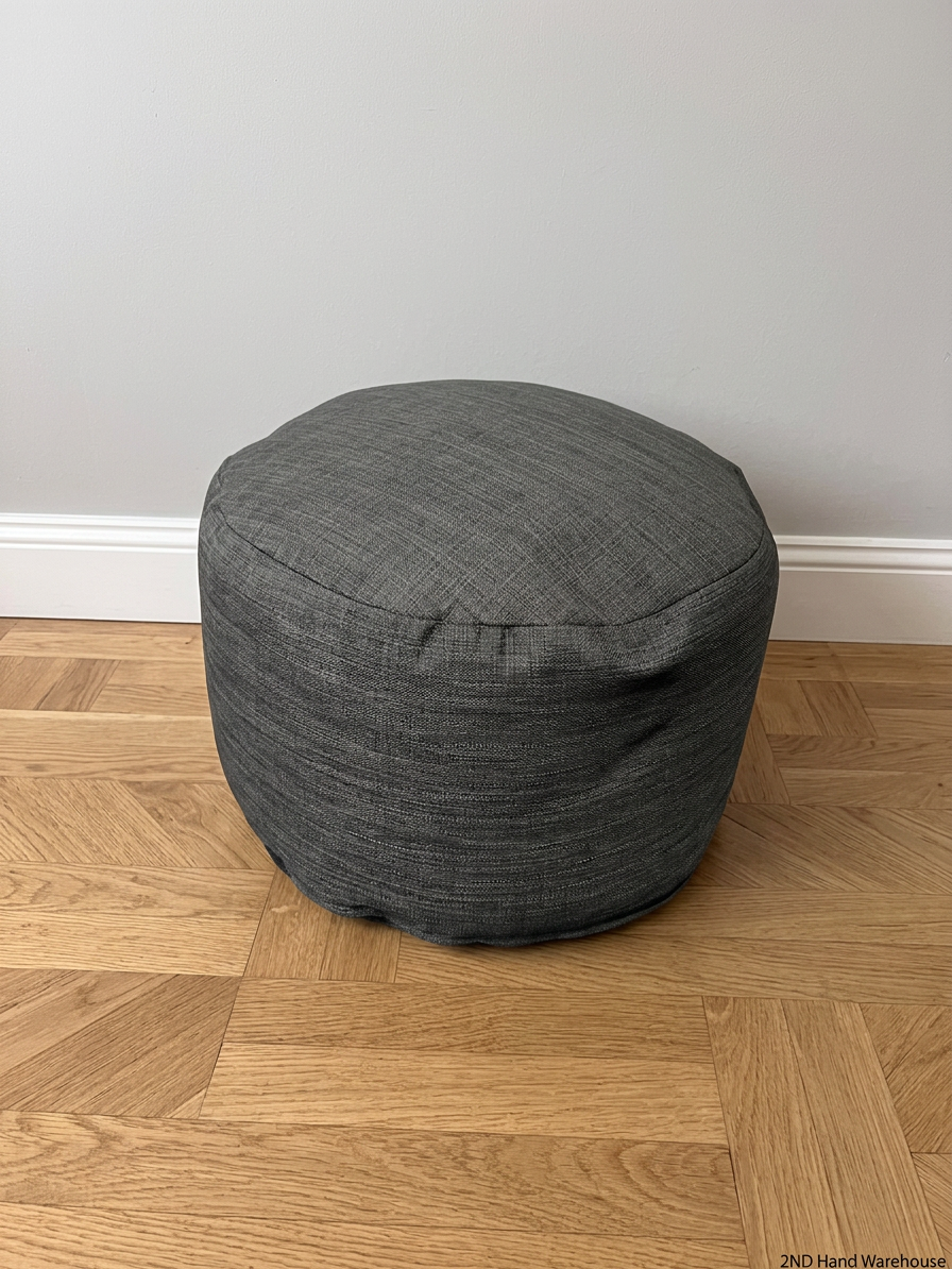 Textured Grey Round Puffed Ottoman — Clean Condition – styled product image