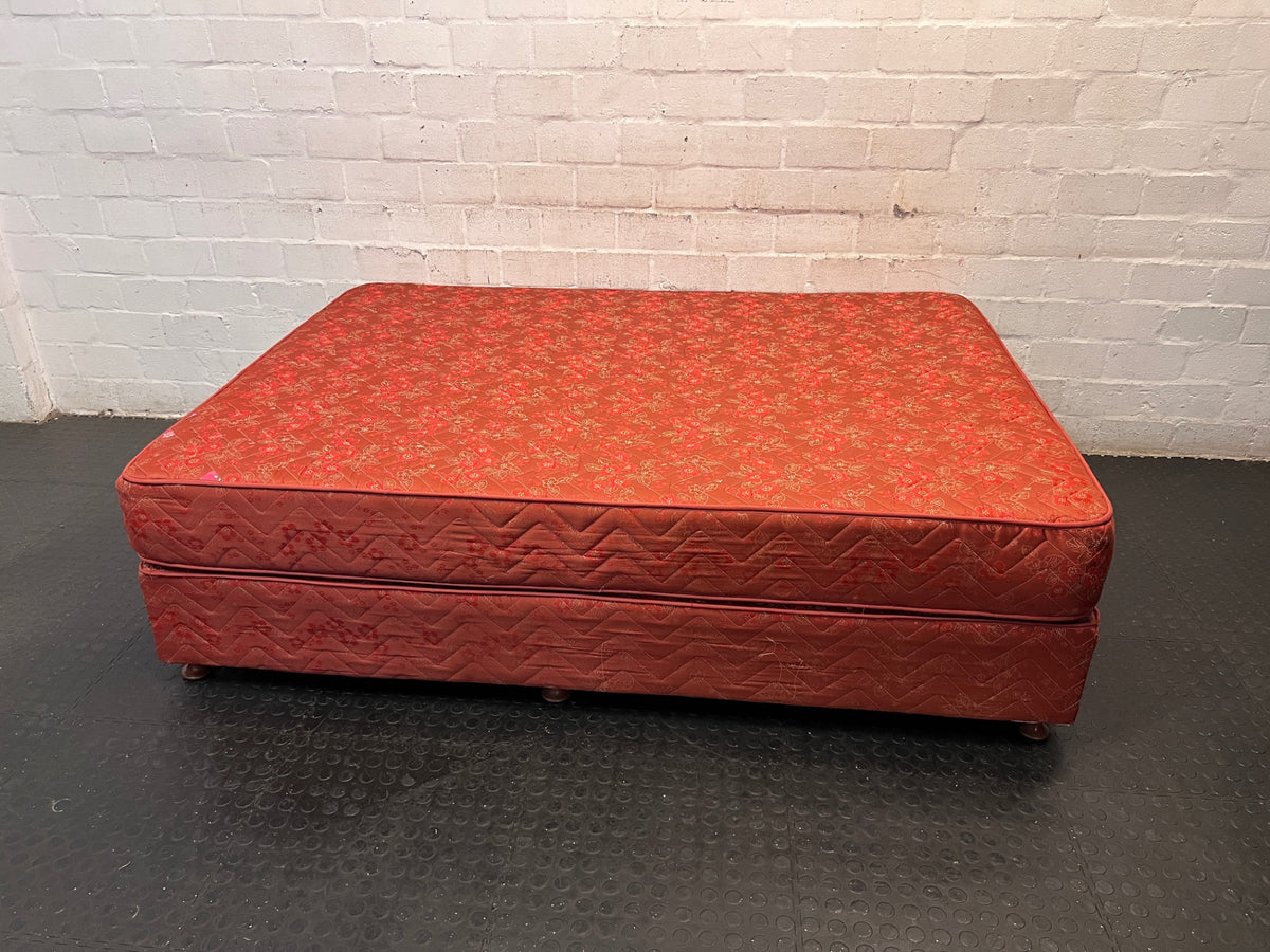 Patterned Red Double Bed Base Set — Good Used Condition – back view