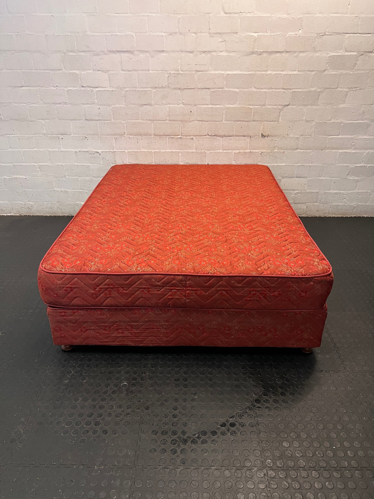 Patterned Red Double Bed Base Set — Good Used Condition – main front view