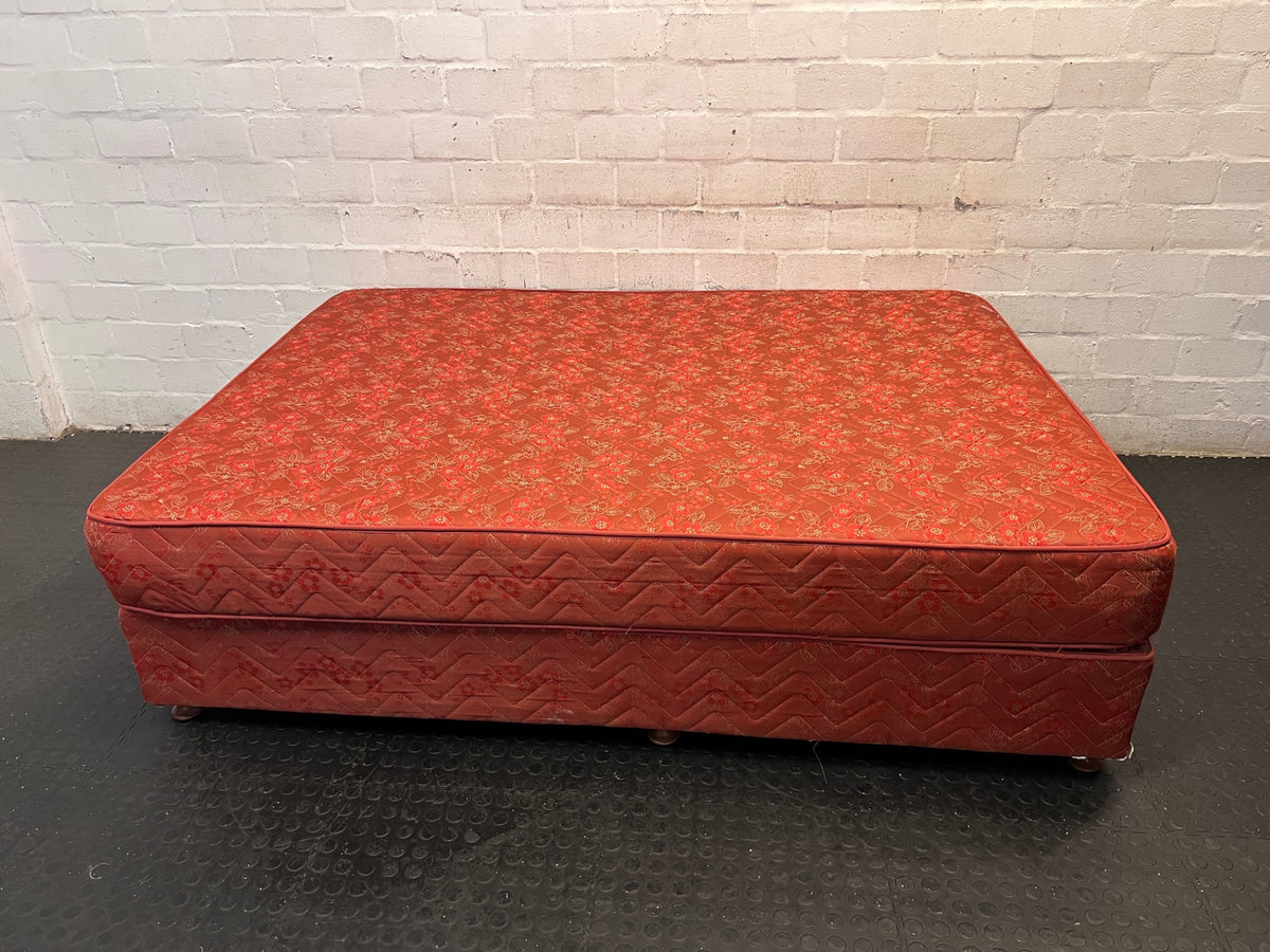 Patterned Red Double Bed Base Set — Good Used Condition – side view