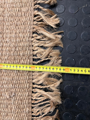 Large Natural Woven Coir Rug with Fringed Edge — Well Used and Very Dusty – height measurement
