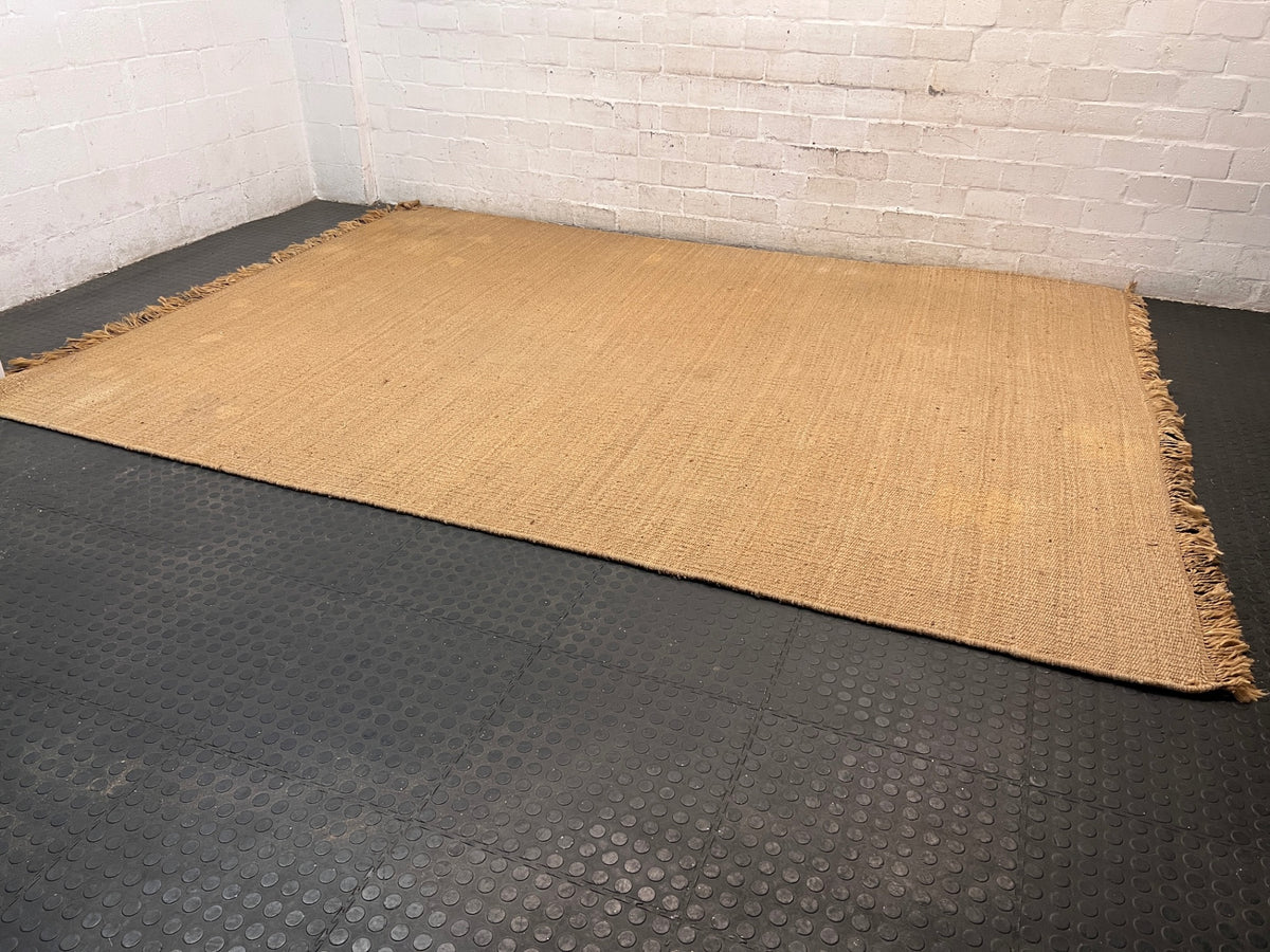 Large Natural Woven Coir Rug with Fringed Edge — Well Used and Very Dusty – main front view
