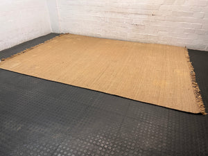 Large Natural Woven Coir Rug with Fringed Edge — Well Used and Very Dusty – main front view