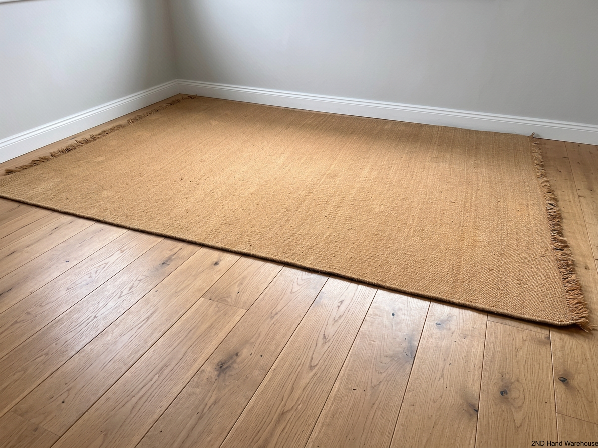 Large Natural Woven Coir Rug with Fringed Edge — Well Used and Very Dusty – styled product image