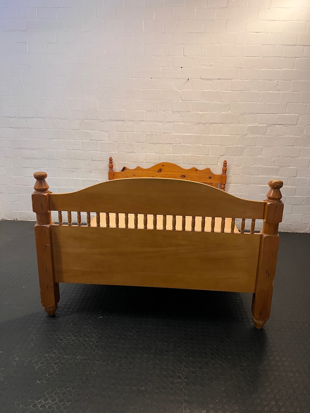 Honey Oak Queen Bed Frame with Spindle Detail — Damaged Mattress; Frame in Good Condition – condition detail