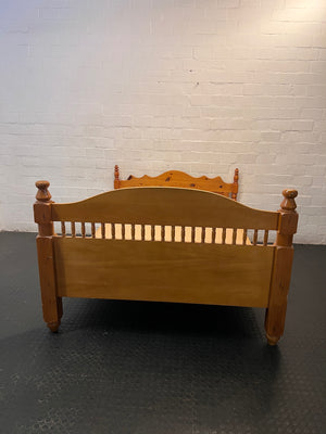 Honey Oak Queen Bed Frame with Spindle Detail — Damaged Mattress; Frame in Good Condition – condition detail