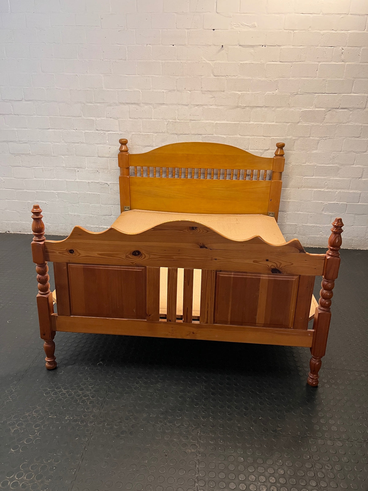 Honey Oak Queen Bed Frame with Spindle Detail — Damaged Mattress; Frame in Good Condition – main front view