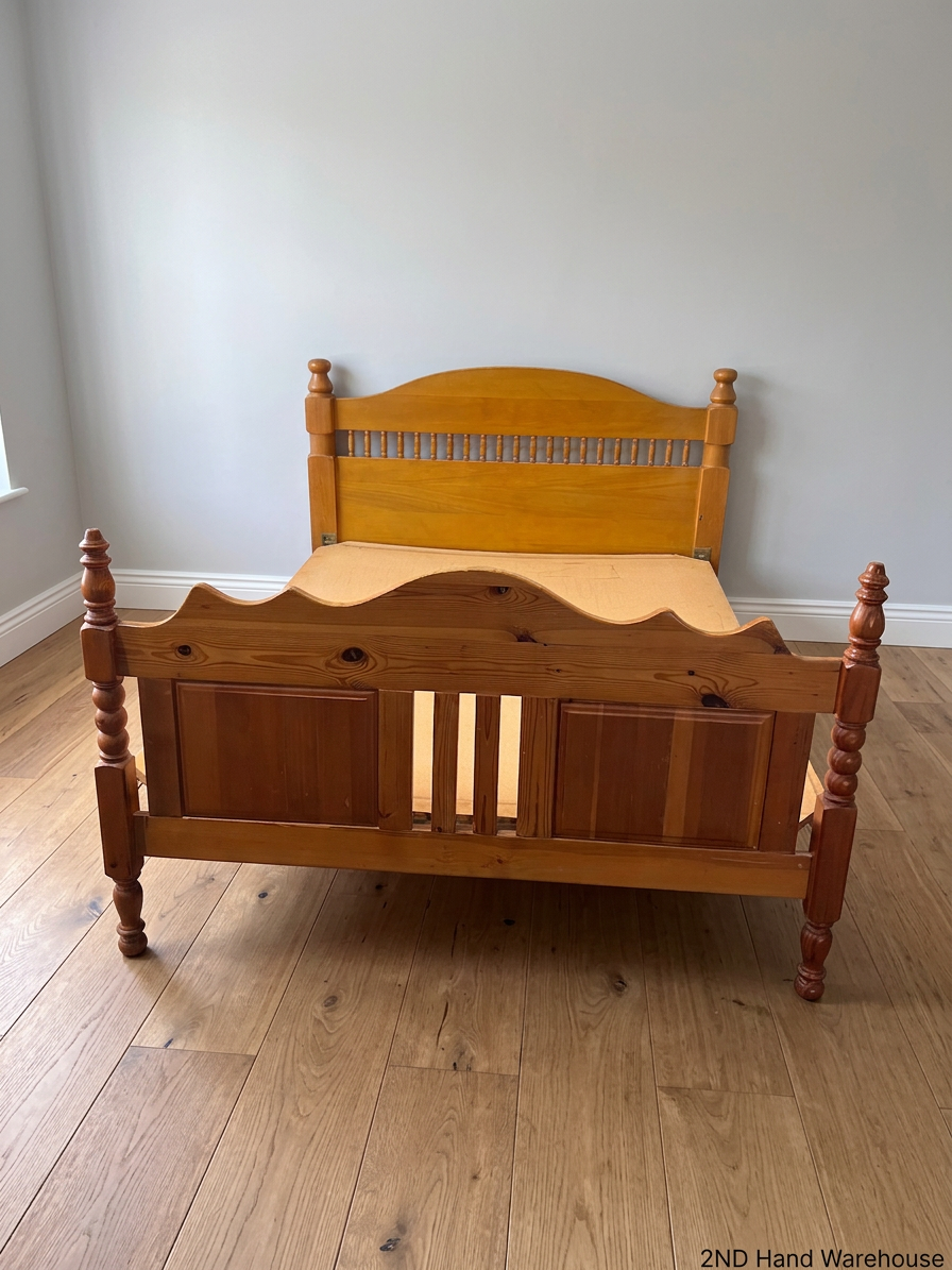 Honey Oak Queen Bed Frame with Spindle Detail — Damaged Mattress; Frame in Good Condition – styled product image