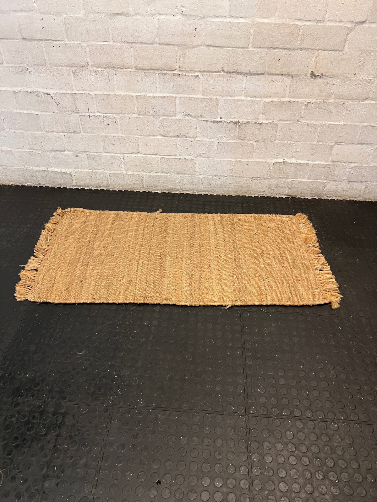 Natural Woven Coir Rug with Fringed Edges — Fair Used Condition – main front view
