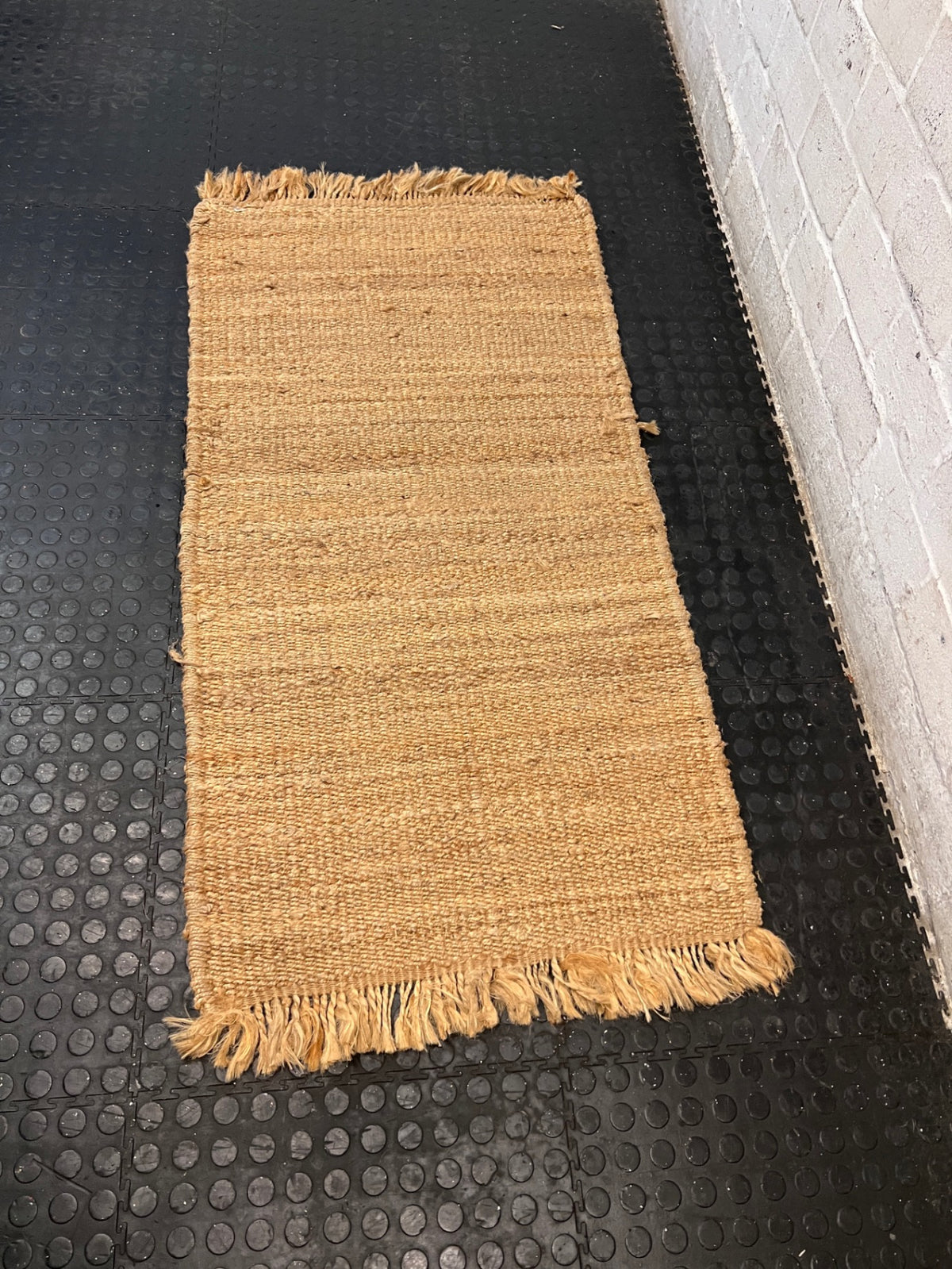 Natural Woven Coir Rug with Fringed Edges — Fair Used Condition – side view