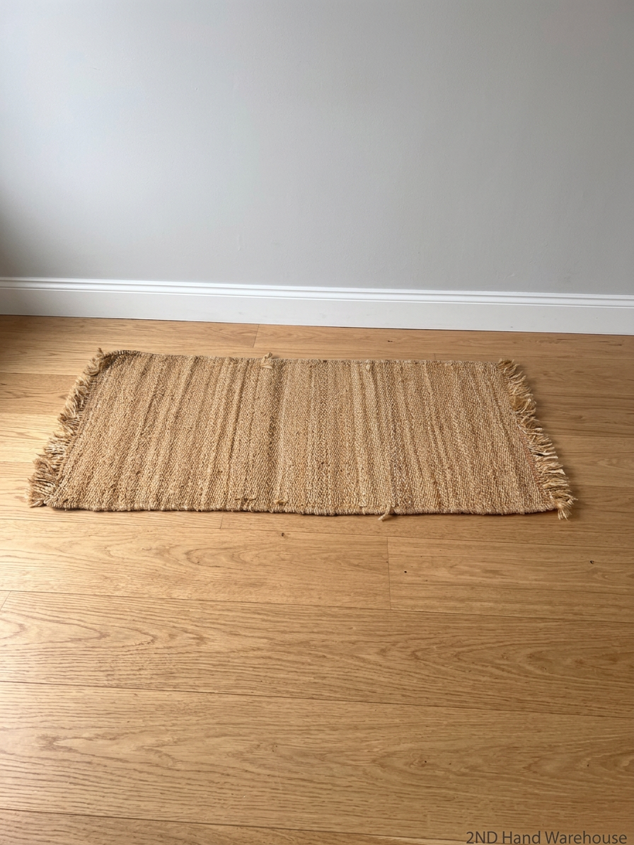 Natural Woven Coir Rug with Fringed Edges — Fair Used Condition – styled product image