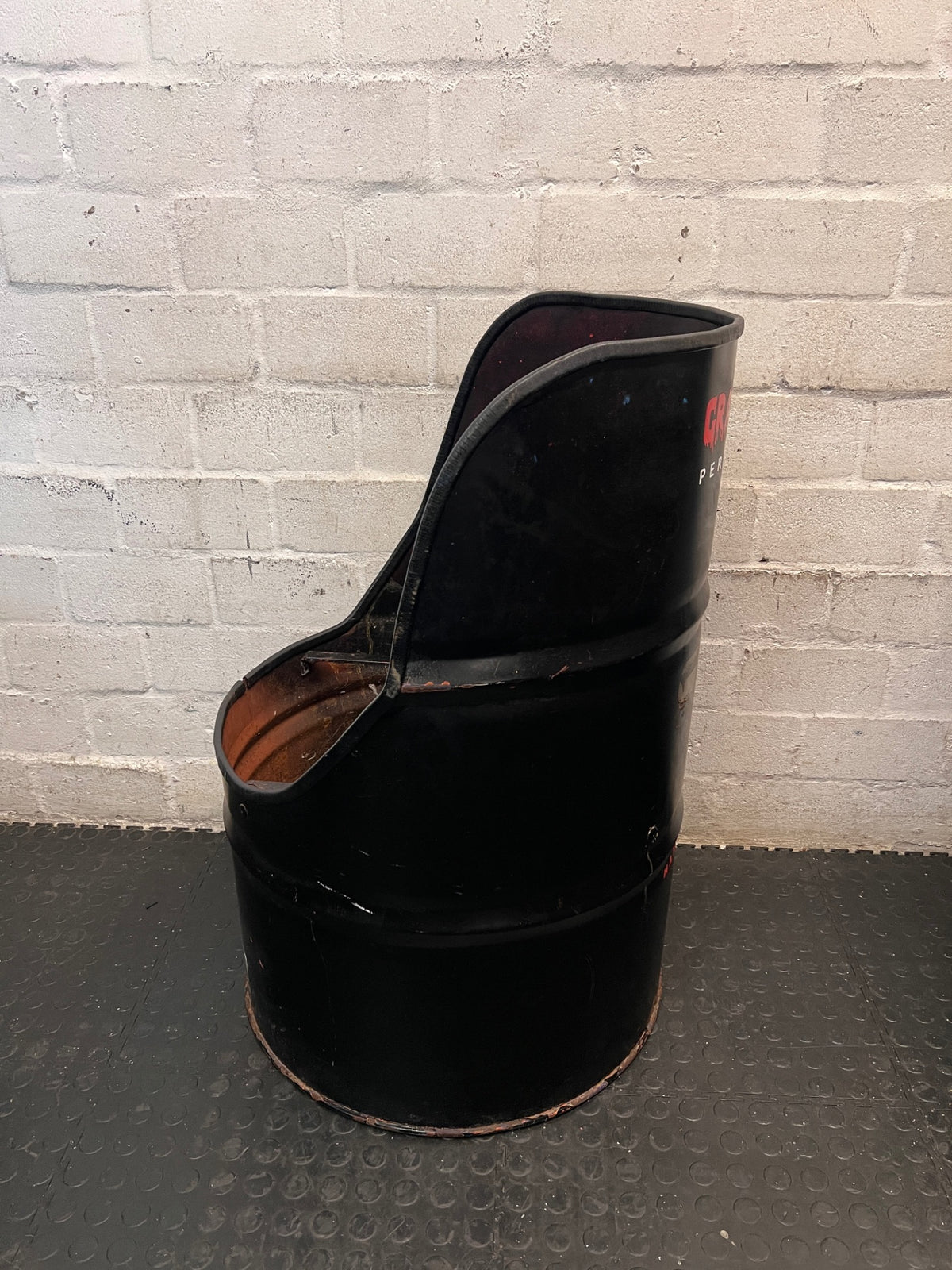 Industrial Repurposed Metal Oil Drum Chair – side view