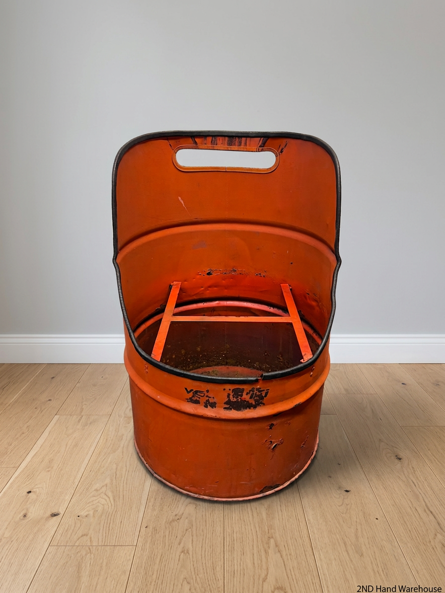 Repurposed Orange Metal Oil Drum Chair – styled product image