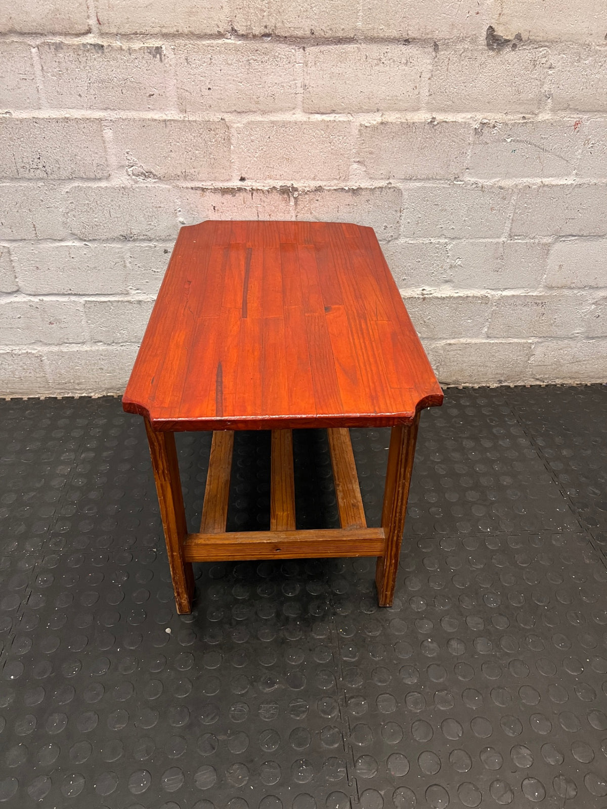 Rustic Wooden Coffee Table with Slatted Shelf — Well Used Condition – back view