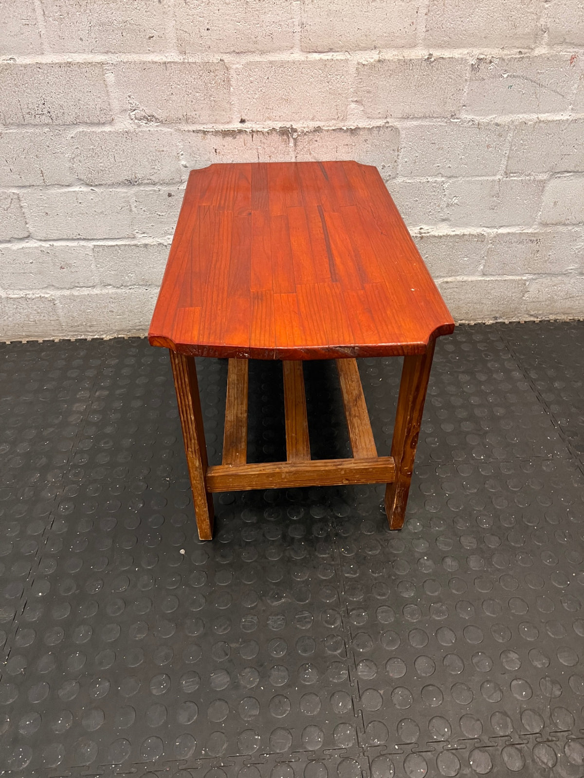 Rustic Wooden Coffee Table with Slatted Shelf — Well Used Condition – side view