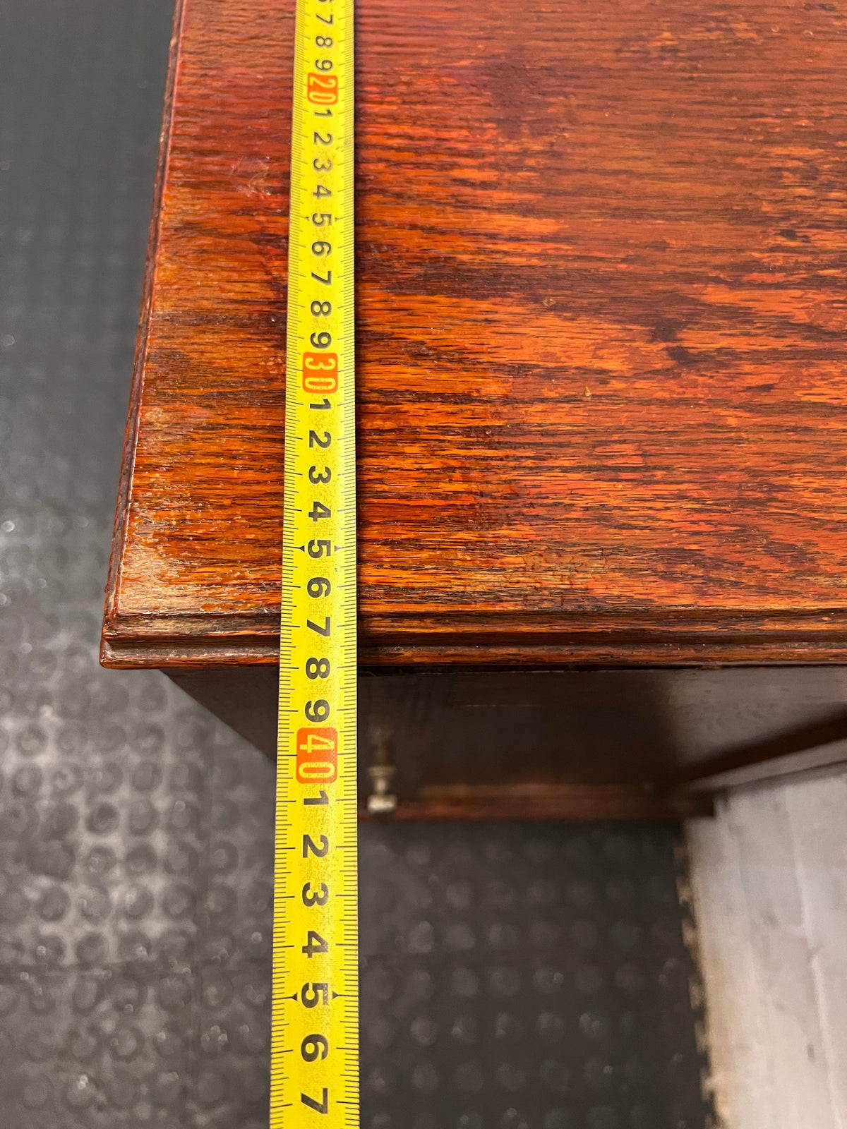 Vintage Wood Pedestal Cupboard — Significant Surface Wear and Scratches – depth measurement