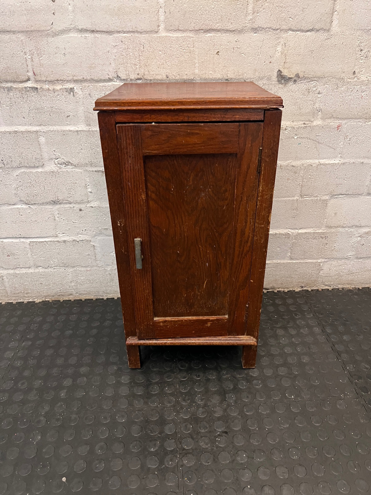 Vintage Wood Pedestal Cupboard — Significant Surface Wear and Scratches – main front view