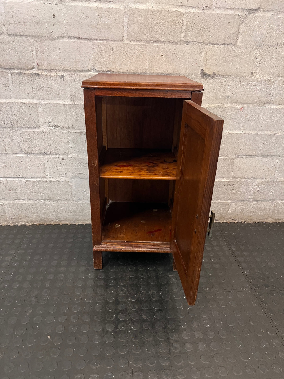 Vintage Wood Pedestal Cupboard — Significant Surface Wear and Scratches – side view