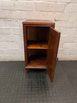 Vintage Wood Pedestal Cupboard — Significant Surface Wear and Scratches – side view