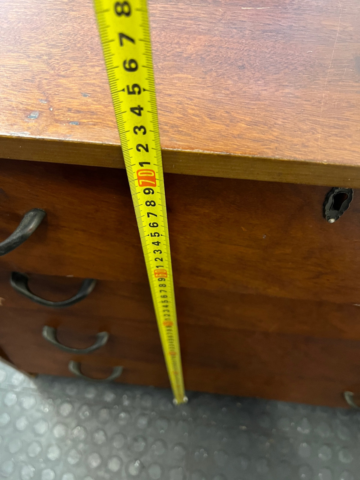 Four-Drawer Wooden Chest with Curved Metal Handles — Damaged with Significant Veneer Loss – height measurement