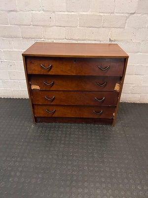 Four-Drawer Wooden Chest with Curved Metal Handles — Damaged with Significant Veneer Loss – main front view
