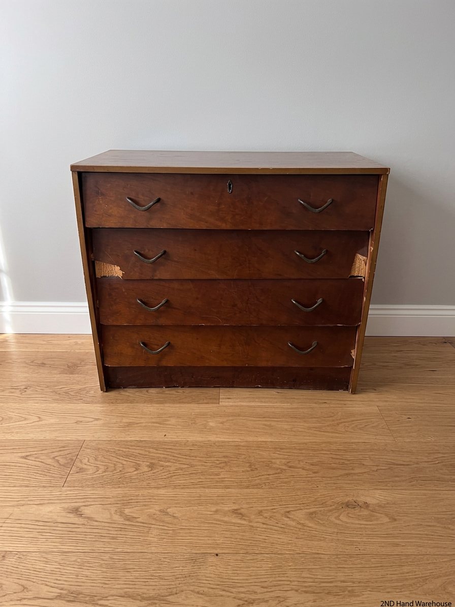 Four-Drawer Wooden Chest with Curved Metal Handles — Damaged with Significant Veneer Loss – styled product image