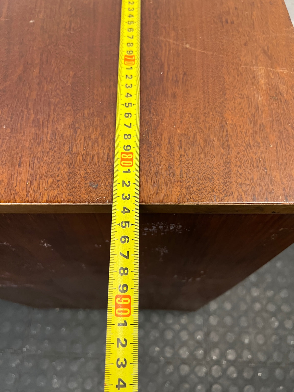 Four-Drawer Wooden Chest with Curved Metal Handles — Damaged with Significant Veneer Loss – width measurement