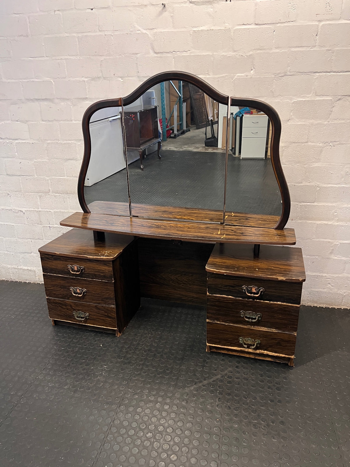 Vintage Wooden Dressing Table with Winged Mirror — Well Used Condition – main front view