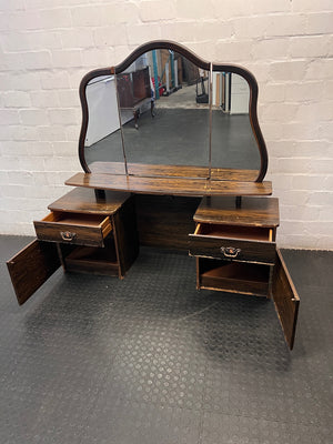 Vintage Wooden Dressing Table with Winged Mirror — Well Used Condition – side view