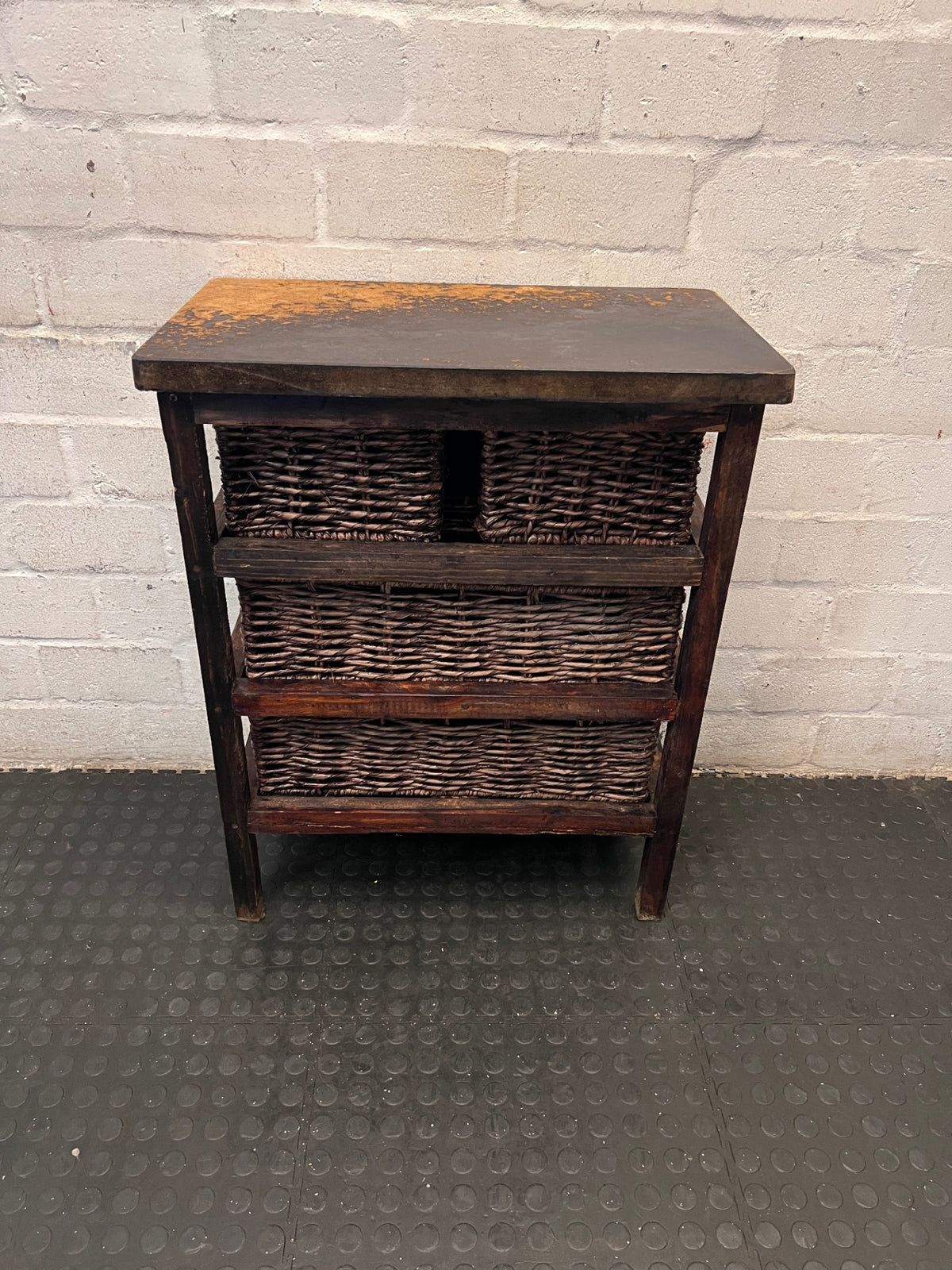Rustic Wooden Chest with Woven Wicker Drawers — Well Used with Heavy Surface Wear – back view
