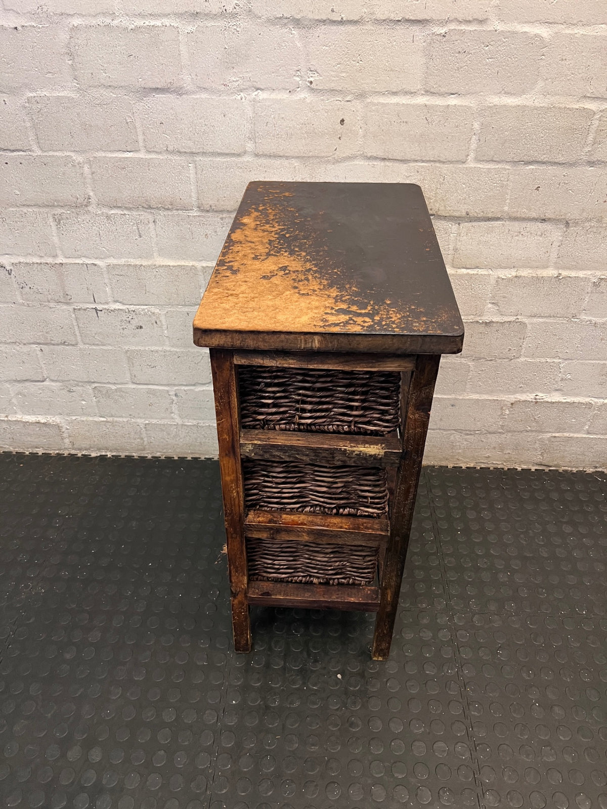 Rustic Wooden Chest with Woven Wicker Drawers — Well Used with Heavy Surface Wear – condition detail