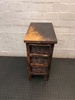 Rustic Wooden Chest with Woven Wicker Drawers — Well Used with Heavy Surface Wear – condition detail